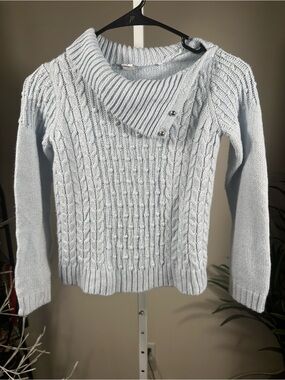 P220. Janie and Jack Pale Blue Cable-Knit Sweater with Buttoned Cowl